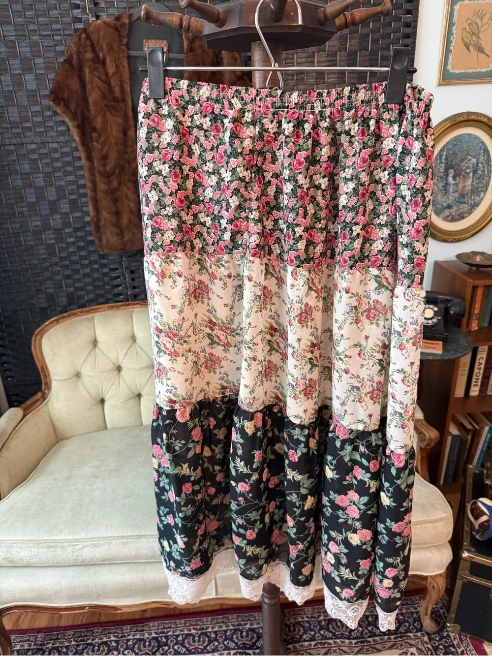 🌹🤍 Vintage Bonjour Sheer Patchwork Floral Prairie Cottagecore Midi Skirt Sz L - Picture 4 of 9